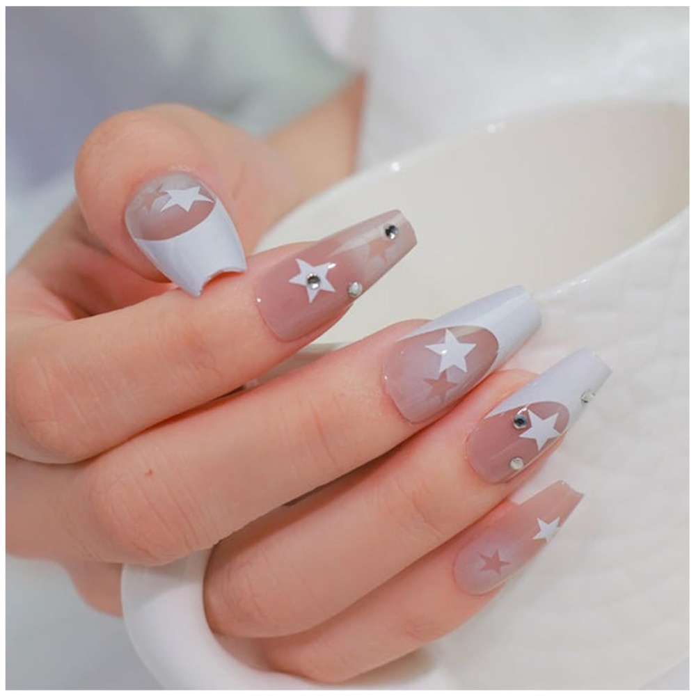 Dazzling Starry French Tip Medium Coffin Press-On Nails